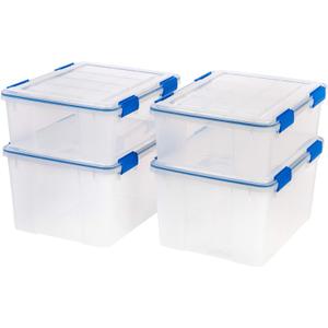 IRIS USA 26.5 & 44 Quart Combo WEATHERPRO Plastic Storage Box with Durable Lid and Seal and Secure Latching Buckles, Clear With Blue Buckles, Weathertight, 4 Pack