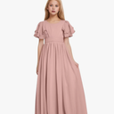 Flower Girl Dress A-Line Flowy Junior Bridesmaid Dresses Ruffle Sleeve Chiffon Maxi Formal Evening Belt L