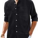 Alimens & Gentle Men's Cotton Linen Shirts Long Sleeve Button Down Shirt Band Collar Beach Shirts (3X-Large, Black)