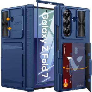 Vihibii for Samsung Galaxy Z Fold 7 Case Wallet with Card Holder & Slide Camera Lens Cover & Outer Screen Protector & Rugged Hinge Protection, Shockproof Phone Case for Galaxy Z Fold 7 5G 2025, Blue