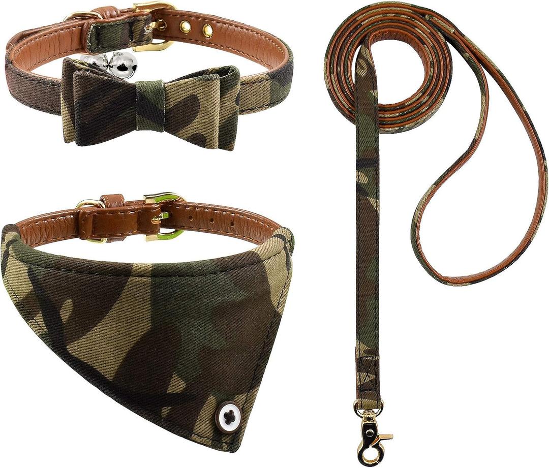 3PCS Bow Tie Dog Collar and Leash Set Plaid/Camo/Dots/Flower Dog Bandanas with Bell 3 Size Adjustable for Small Dogs Puppies and Cats (XS, Camo 1)