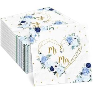 Mr and Mrs Bridal Shower Nakpins, Blue and White Flowers Hearts Geometric Party Napkins 48Pcs Couple Wedding Bride to Be Engagement Party Decoration