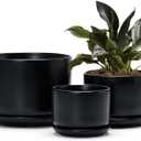 Ton Sin Plant Pots, 4.1+5.1+6.5 inch, Set of 3, Ceramic Planters with Drainage Hole and Saucer, Indoor Flower Pot Gifts for MomMatte Black