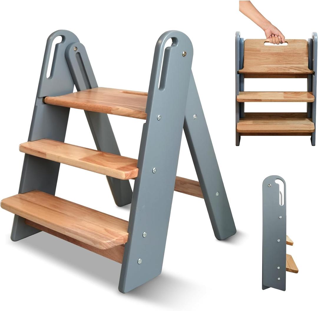 Step Stool for Toddler, 3-Step Kids Step Stool for Bathroom Sink, Foldable Toilet Potty Training Stool with Handles, Child Kitchen Counter Stool Helper Wooden Ladder for Toddlers (Grey)