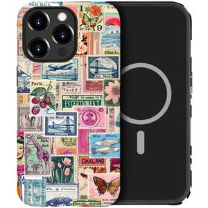 DAIZAG Case Compatible with for iPhone 14 Pro Max, [Compatible with MagSafe],Shockproof Protective Phone Case for Girl Women - Retro Stamp Collage