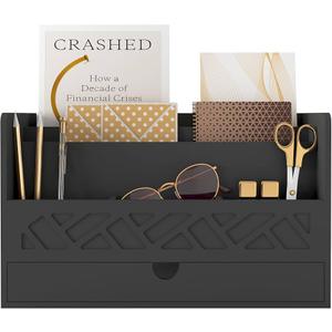 Wisuce Bamboo Mail Organizer Countertop Desktop with Drawer - Desk Organizer with File Organizer for Office Supplies All-in-One Desk File Organizer with Pencil Holder for Paper Letter Envelope Bill