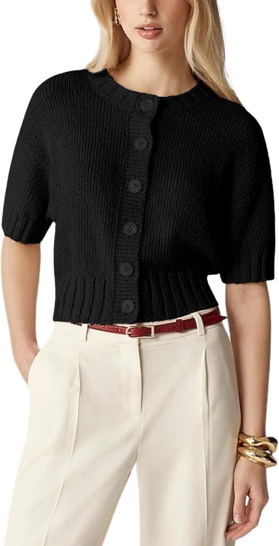 Womens Fall Lightweight Knit Short Sleeve Button Down Sweater Cropped Pullover Ribbled Cardigan 2025 (Black, L)