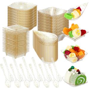 Tessco for you 400 Pcs Mini Appetizer Plates Set Including 200 Disposable Dessert Plates Assorted Shape 100 Mini Plastic Forks 100 Plastic Spoons for Party (Glitter Style, Gold Glitter)