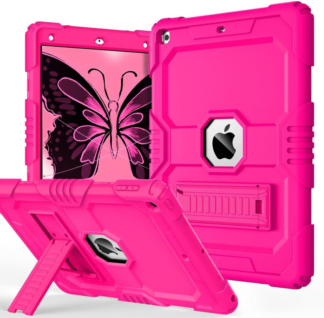 OKP Case for iPad 9th/ 8th/ 7th Generation (2021/2020/2019), Heavy Duty 10.2 inch iPad Shockproof Rugged Protective Cover with Built-in Stand, Hard iPad 9 8 7 Gen Cases for Kids Girls Boys, Hot Pink
