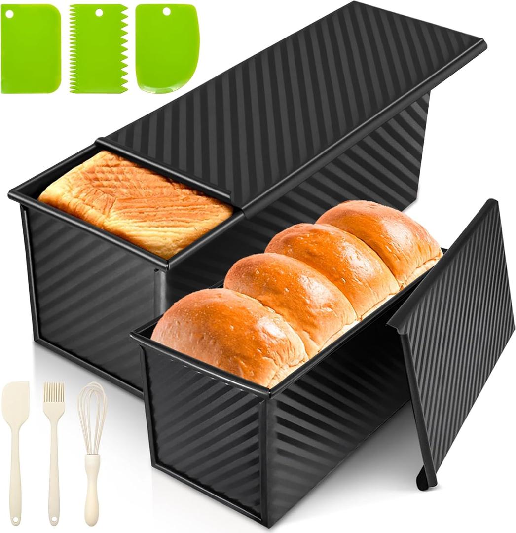 2Pack Bread Pan with Lids  2.2 LB & 1 LB Dough Capacity, Non-Stick Carbon Steel Bread Pans for Homemade Sandwich and Sourdough Bread, Corrugated Toast Mold Black