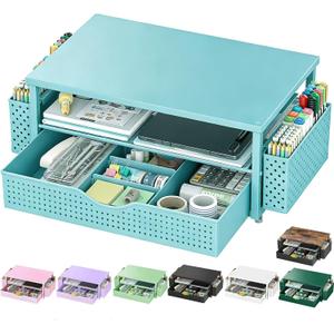 Spacrea Desk Organizer and Accessories, Computer Monitor Stand Riser with Drawer and 2 Pen Holders, Office Desk Accessories & Workspace Organizers for Office Supplies (Blue)