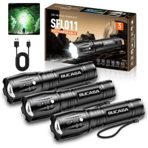 3 Pack Rechargeable Flashlights High Lumens, Brighter Small Flashlight Powerful Tactical Flashlights Rechargeable, Waterproof LED Flashlight with 3 Modes Zoomable for Camping Emergency