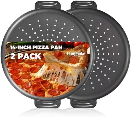 HONGBAKE 2 Pack Pizza Pan 14 Inch with Holes, Rust-Free Nonstick Pizza Pan for Oven, 0.8mm Carbon Steel Perforated Pizza Tray with Wider Handles, Round Baking Sheet for Frozen & Homemade Pizza, Grey