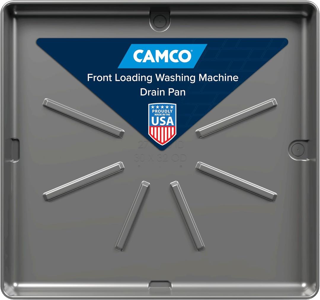 Camco Low Profile Washing Machine Drain Pan with PVC Fitting, 29 inch x 33 inch ID and 31 inch x 35 inch OD - Protects Your Floors from Washing Machine Leaks - Easy to Use - Pewter - 20788