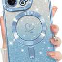 Bonoma Compatible with iPhone 14 Pro Case Support for MagSafe, Plating Heart Glitter Magnetic 2* Screen Protector TPU Camera Protection Back Cover for Girls Women Blue