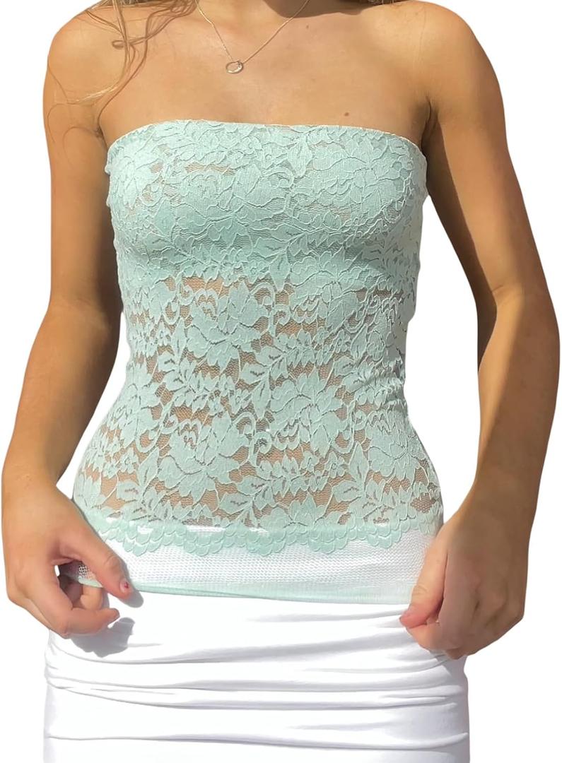 Women Strapless Tube Top Y2k Floral Lace See Through Cami Sleeveless Backless Mesh Vest Tank Bandeau Crop Top (S)