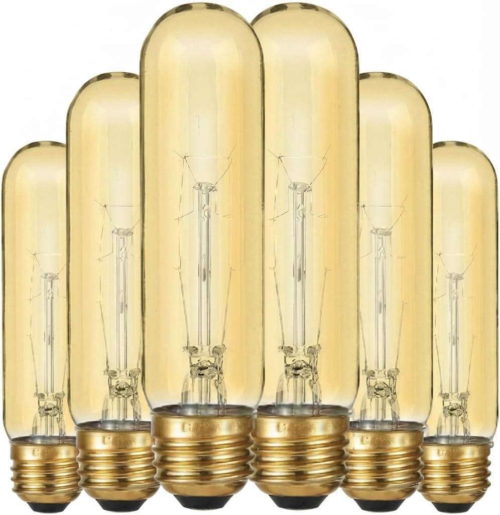 Edison Light Bulbs,120V, E26 Base, T10 Tubular Bulbs, 40W Amber Glass Incandescent, Ultra Warm White, Dimmable Vintage Tubular Style Showcase Bulb (6-Pack)