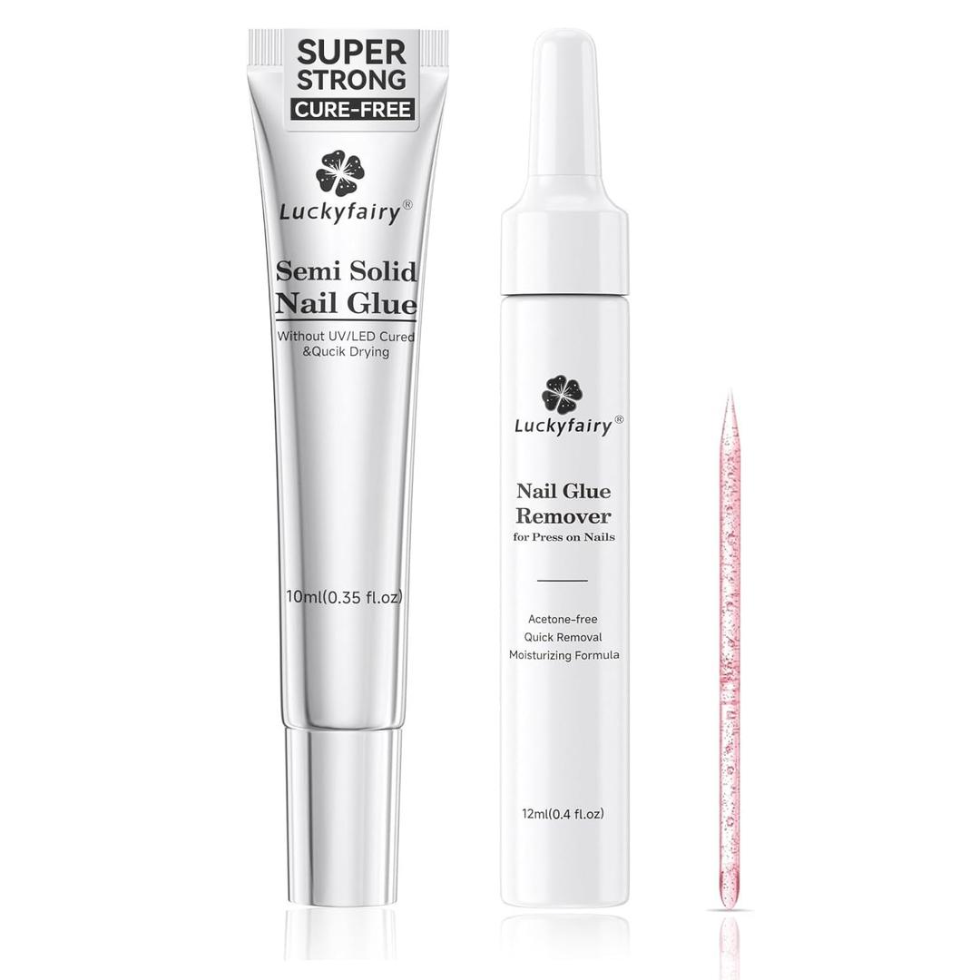 Super Strong Nail Glue for Press On Nails: 10g Semi Nail Glue with 12ml Glue Remover Kit, Quick Dry, No UV Lamp Needed with Gentle Non-Acetone Remover, Long Lasting for Acrylic Fake Nails Tips