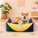 Cotton Canvas Dog Bed, Pink Dog Bed Medium Size Dog, Puppy Bed with Washable Removable Cover, Durable 290 GSM Cotton Anti-chewing Pet Bed with Anti-Slip Bottom (30"x25"x10", Pink &Y ellow  &Green)