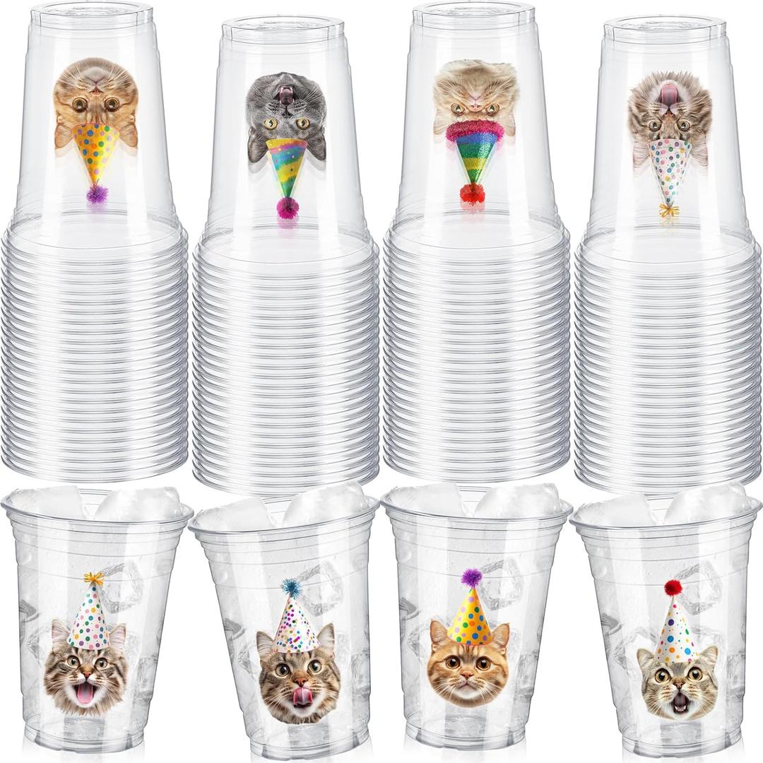 48 Pcs Cat Party Plastic Cups Bulk 12 oz Kitten Birthday Clear Disposable Cups for Cat Themed Birthday Party Supplies Drinkware Decorations