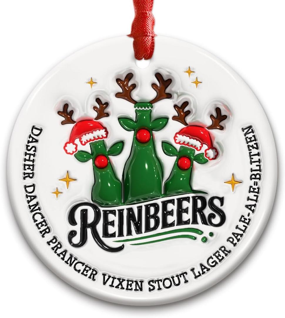 4 x Funny Beer Christmas Ornament 2025 - Rein-Beers Ornament for Tree, Hilarious Holiday Decoration for Beer Lovers, White Elephant Gift, or Coworker Exchange Present
