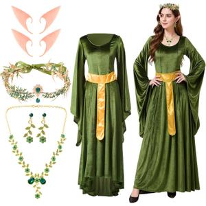 Mepase Women Fairy Renaissance Dress Costume Set Carnival Medieval Outfit with Elf Ear Necklace Earring Masquerade Cosplay (Green)