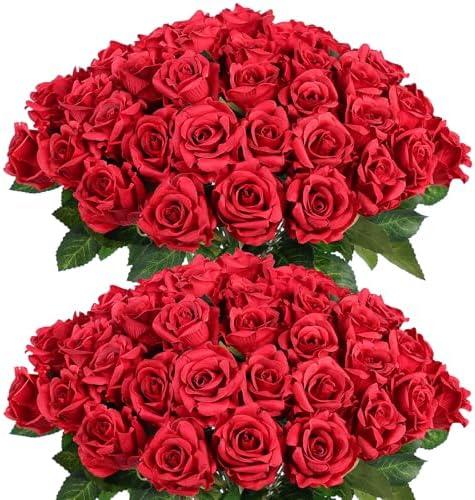 FOTEEWL 60 Pcs Artificial Rose Flower Realistic Faux Silk Roses Stem Fake Roses Bouquet for Flower Arrangement,Wedding Centerpieces,Party,Home Decorations (Burgundy)