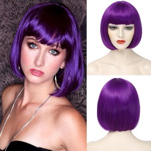 Purple Bob Wig With Bangs Short Dark Purple Bob Wigs For Women Straight Bob Bangs Wig 10 Inch Heat Resistant Synthetic Hair Natural Looking For Daily