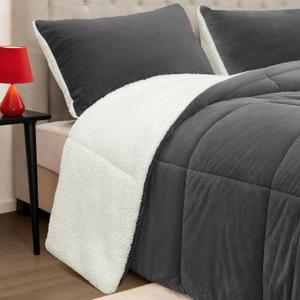 Fluffy Sherpa Queen Comforter Set 3 Pieces,Thick Reversible Down Alternative Fleece Comforter & 2 Pillow Shams,Soft Micromink Winter Warm Plush Bedding Comforter Sets Washable(Charcoal,Queen)