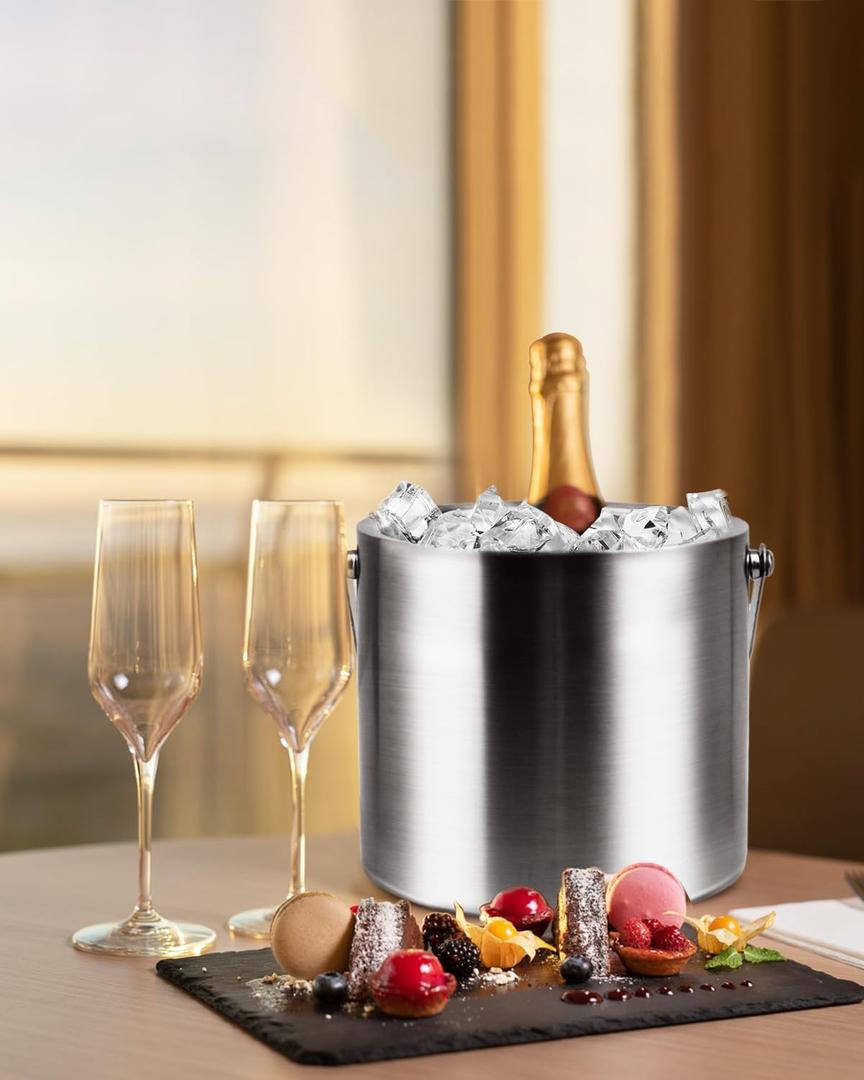 3L Double Wall Ice Bucket with Silicone Lid,  Ice Buckets for Parties & Cocktail Bar,[Silicone Lid for Longer Ice] Large Wine Bar Bucket Stainless Champagne Chiller