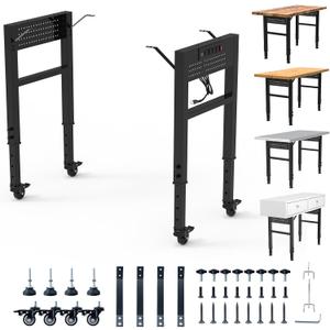 28"-47" Adjustable Workbench Legs with Power Strip | 19.7" Wide Heavy Duty Metal Table Legs | Industrial Desk Frame with 4 Locking Wheels & 4 Feet | Versatile DIY Base for Garage, Study & Crafting