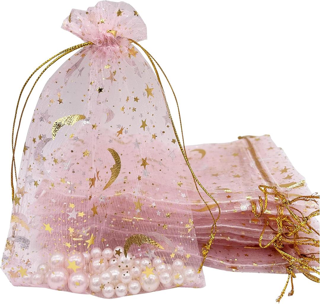 Jexila 100PCS Pink Organza Gift Bags 4''X6'' Small Drawstring Jewelry Pouch Mesh Soap Bag for Baby Shower Wedding Party Favor Goodie Candy Bags (Pink)