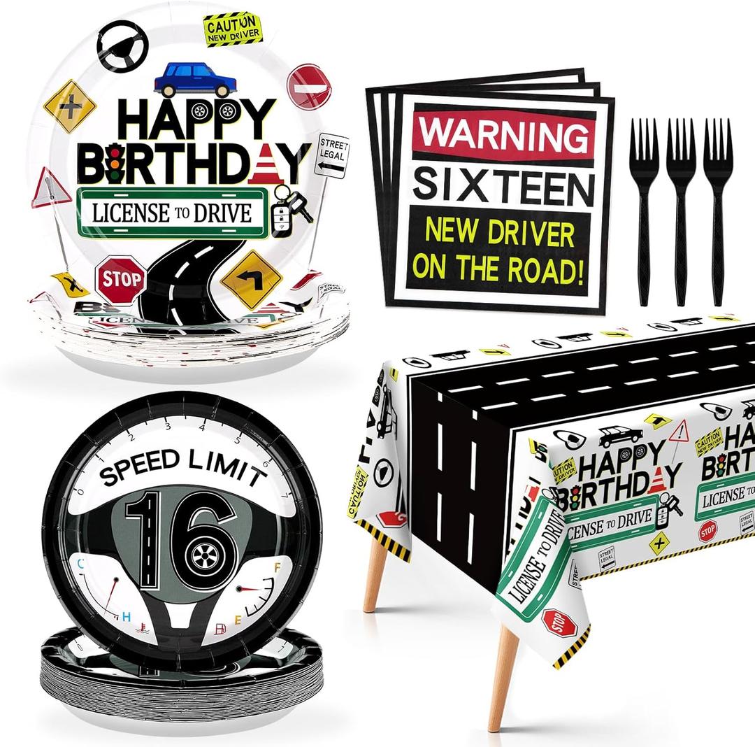 98Pcs Drivers License 16th Birthday Party Decorations for Boys New Driver Car Road 16th Birthday Plates and Napkins Tablecloth Tableware Sets for Learner Driver 16 Years Old Party Favors Serves 24
