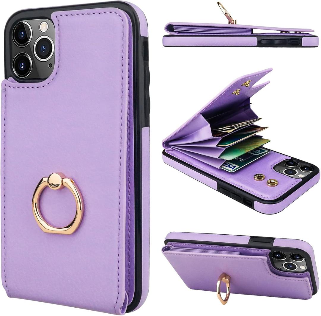 Folosu Compatible with iPhone 11 Pro Max Case Wallet with Card Holder, 360Rotation Finger Ring Holder Kickstand Protective RFID Blocking PU Leather Double Buttons Flip Cover 6.5 Inch Purple