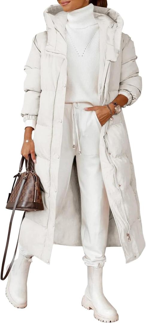 Grlasen Women Long Quilted Coat Winter Hooded Long Sleeve Button Down Puffer Padded Jacket (X-Large, White)