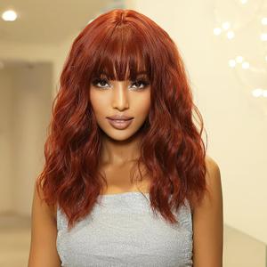 Ginger Red Bob Wig For Women Heat Resistant Synthetic Shoulder Length Loose Wavy Wig With Bangs Curly Bob Wigs Medium Length 14inch (Ginger Red Color)