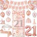 Trgowaul Rose Gold 21st Birthday Decorations for Her, 21st Banner Backdrop, Sash and Crown, Balloons Hanging Swirls Kit, Pink 21 Number Balloons, 21 Year Old Birthday Set for Women