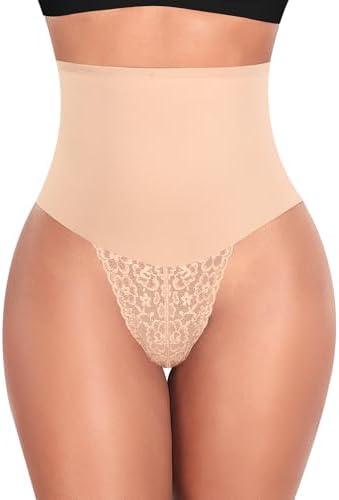 Werena Tummy Control Thong Shapewear for Women Mid High Waisted Body Shaper Underwear Lace Shaping Thong Girdle Panties S