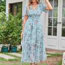 Women's Floral Maxi Dress Flowy V Neck Empire Waist Summer Wedding Guest Party Casual Chiffon Dress (Blue, S)