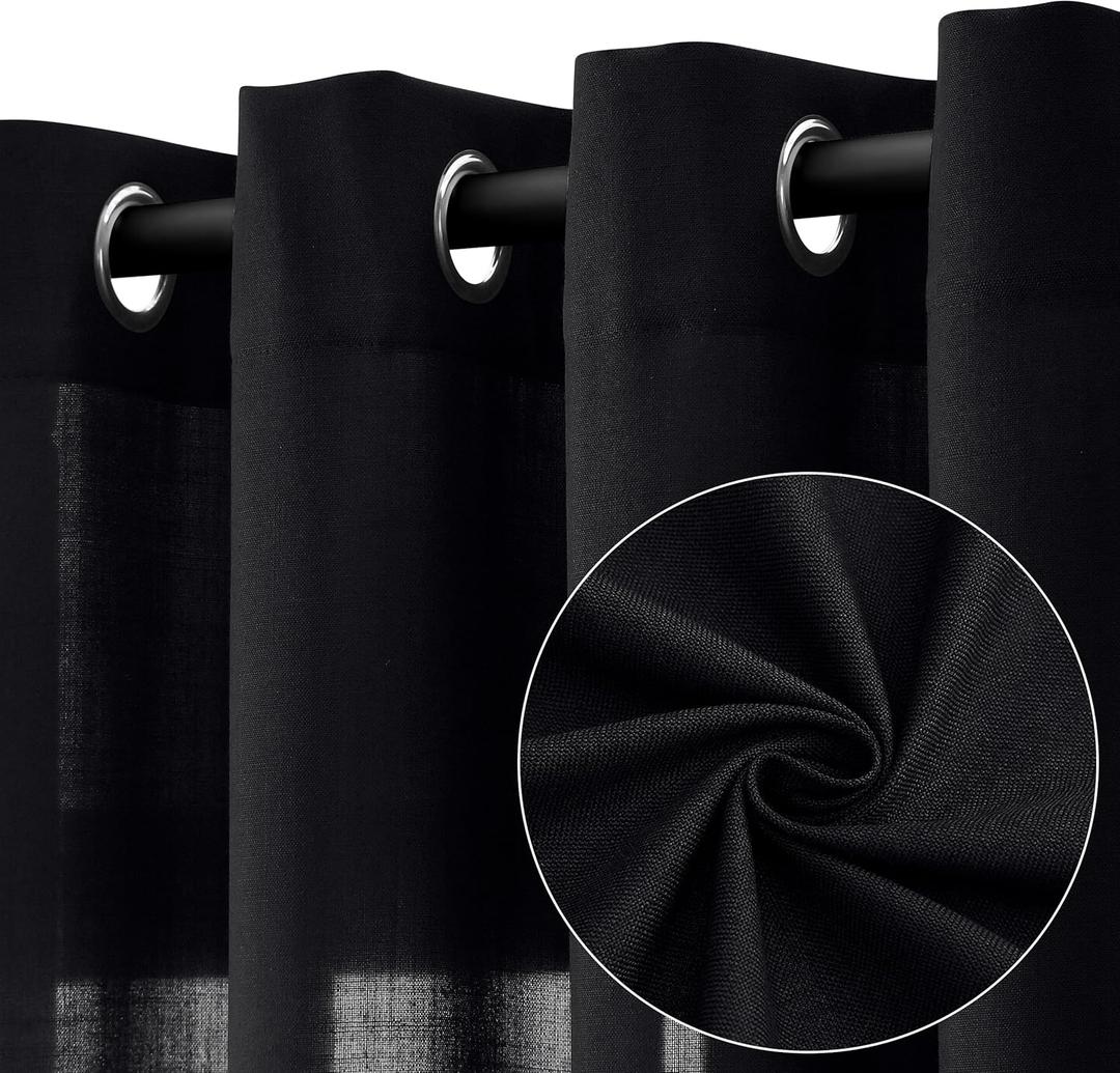 Black Linen Curtains 84 Inch Length 2 Panels for Living Room Bedroom, Light Filtering Sheer Curtains 84 Inches, Elegant Modern Grommet Semi Sheer Soft Privacy Drapes