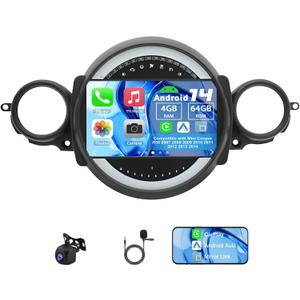 Android 14 Car Radio Compatible with Mini Cooper R56 2007 2008 2009 2010 2011 2012 2013 2014, 4G+64G 9" Touch Screen Car Stereo with Wireless Carplay Android Auto GPS WiFi Mic Backup Camera