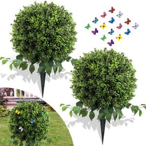 28" Artificial Boxwood Ball Bush, UV Resistant Topiary Tree Faux Boxwood Ball Shaped Porch Bushes with Ground Spike Artificial Bushes for Outdoors Front Door Decor Home Garden