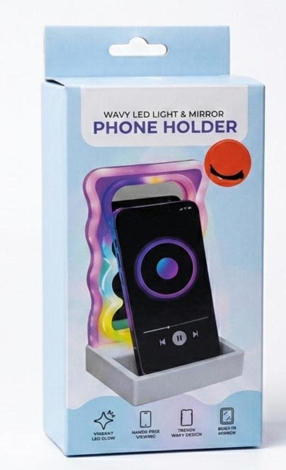 Orbit Wavy LED Light and Mirror Phone Holder is a multifunctional phone stand featuring a vibrant LED glow, a built-in mirror, and a trendy wave design for hands-free viewing