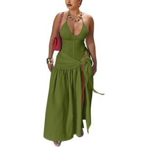Two Piece Skirt Set Women Sexy Halter Backless Bodysuit and Wrap Tied High Split Summer Maxi Skirt Set, Army Green, Small