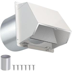 8 Inch Hooded Wall Vent with Screen and Damper,Outdoor Wall Exhaust Vent Cover Wall Cap for Exterior Kitchen Range Hood Ventilation Dryer HVAC Duct Air Exhaust, Galvanized Steel, White
