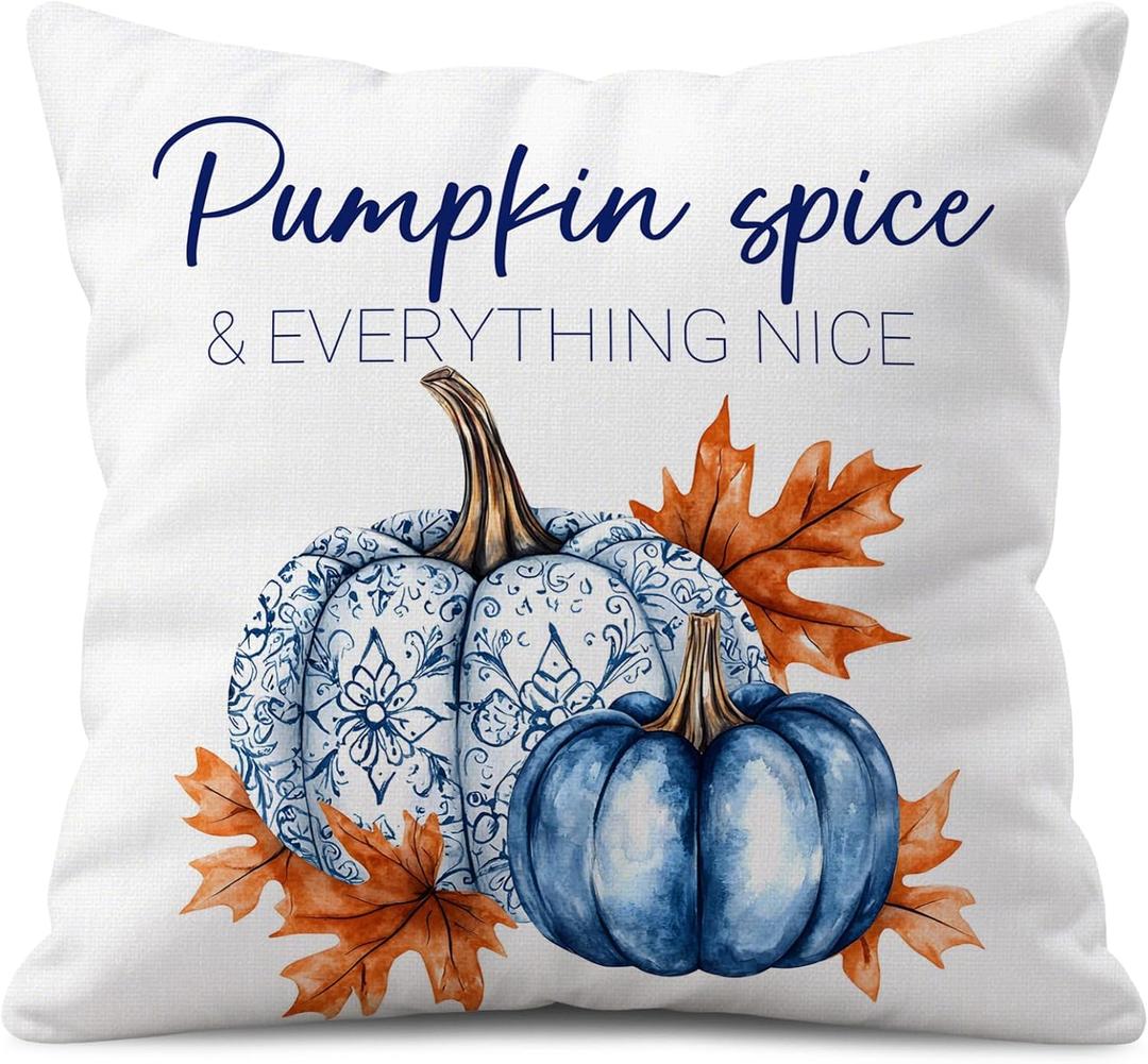 Fall Throw Pillow Cover 18x18 Inch  White Linen Decorative Cushion Cover with Blue Pumpkins and Orange Leaves  Double-Sided Print, Autumn Farmhouse Pillowcase for Couch Sofa Bed