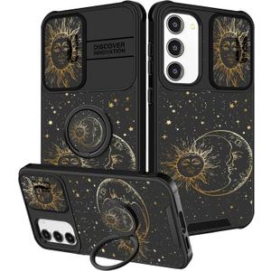 Funermei for Samsung Galaxy S23 Case - Women Cute Girls Cover Sun Moon Stars Fun Funny Girly Kawaii Aesthetic Cool Black Design with Camera Cover Ring Stand for Samsung S23 Case