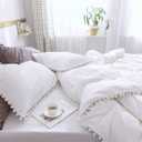 IHOUSTRIY Duvet Cover Full Size,100% Washed Microfiber 3pcs Bedding Duvet Cover Set, Pom Poms Fringe Solid Color Soft and Breathable with Zipper Closure & Corner Ties (Full, White)