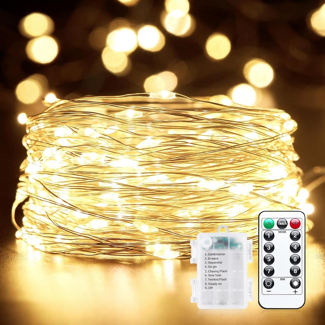 Minetom Fairy Lights Battery Operated with Remote, 33Ft 100 LED Waterproof String Lights Indoor Outdoor, Starry Twinkle Light for Christmas Home Bedroom Wedding DIY Centerpiece Decor (Warm White)