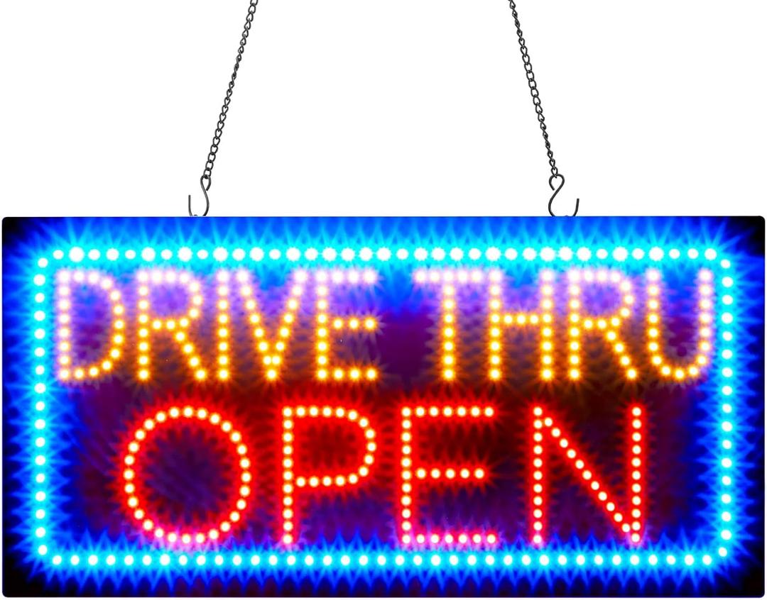 24" x 12" LED Drive Thru Sign for Business, Drive Thru Open LED Signs Board for Fast Food, Electric Advertising Display for Pizza Burger Restaurant Business Shop Store Window Home Decor